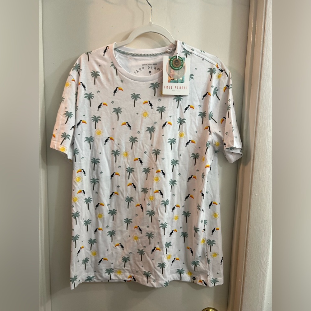 Free Planet White Tropical Print Men's Tee